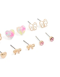 Gold Bow & Heart Stud Earrings 8-Pack