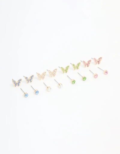 Gold Multicoloured Diamante Butterfly Stud Earrings 8-Pack