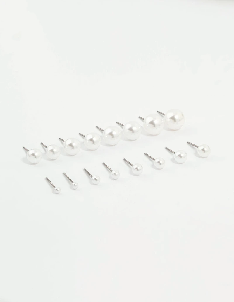 Silver Pearl Stud Earrings 8-Pack
