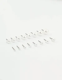 Silver Pearl Stud Earrings 8-Pack