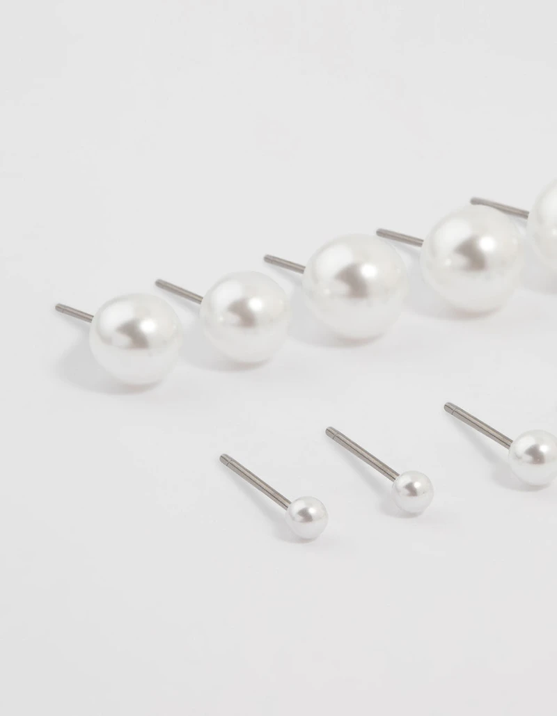 Silver Pearl Stud Earrings 8-Pack