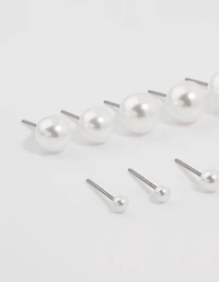 Silver Pearl Stud Earrings 8-Pack