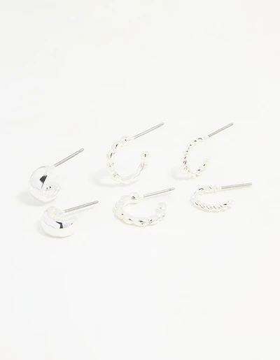 Silver Textured Huggie Earrings 3-Pack