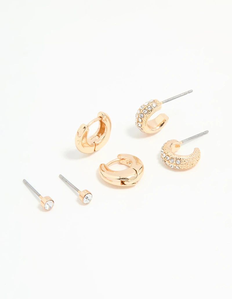 Gold Diamante Stud & Huggie Earrings 3-Pack