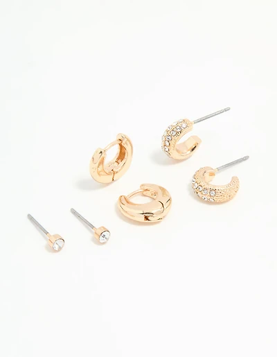 Gold Diamante Stud & Huggie Earrings 3-Pack