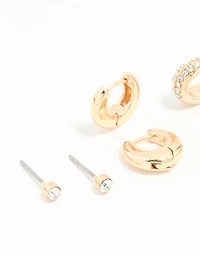 Gold Diamante Stud & Huggie Earrings 3-Pack