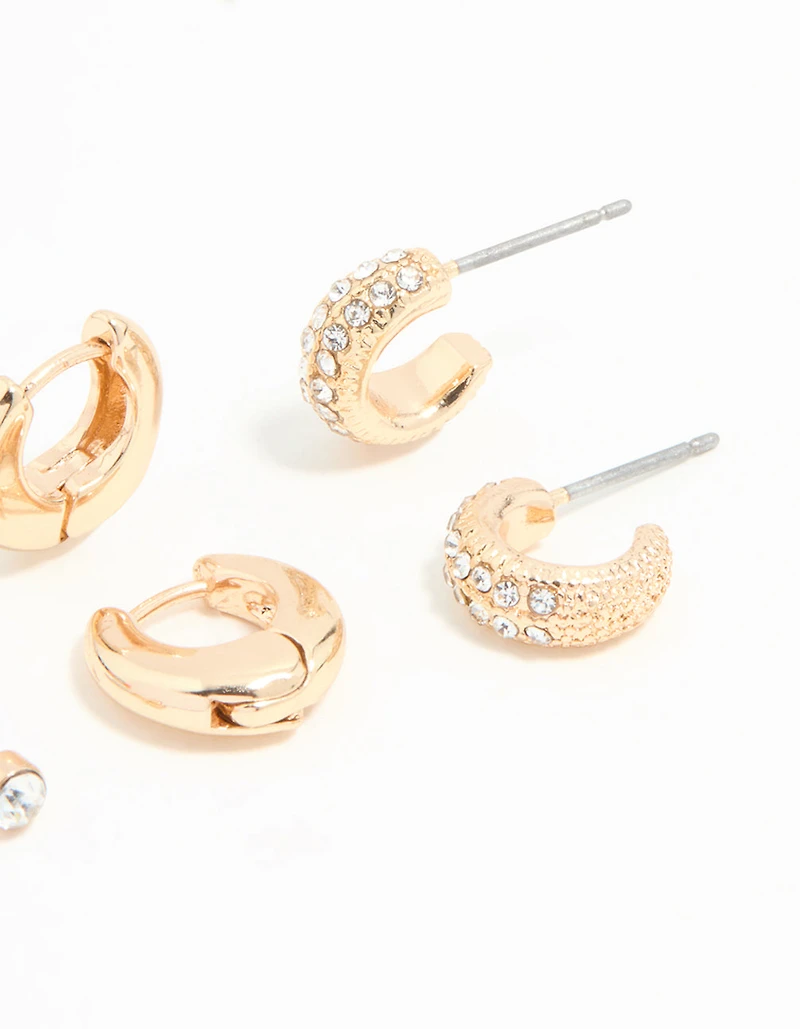 Gold Diamante Stud & Huggie Earrings 3-Pack