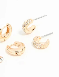 Gold Diamante Stud & Huggie Earrings 3-Pack