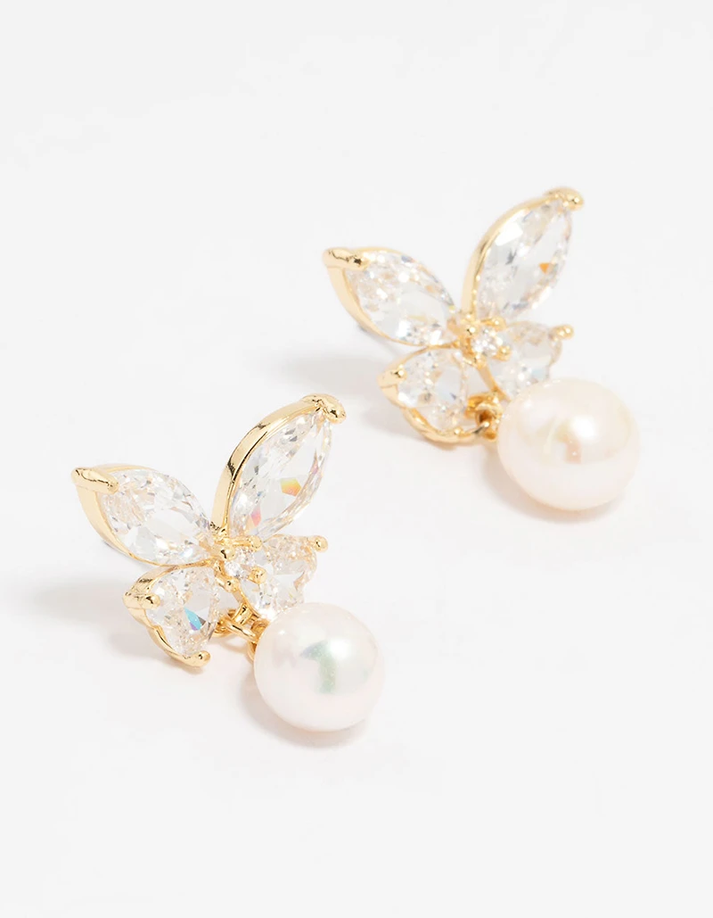 Gold Plated Cubic Zirconia Butterfly Pearl Drop Earrings