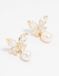Gold Plated Cubic Zirconia Butterfly Pearl Drop Earrings