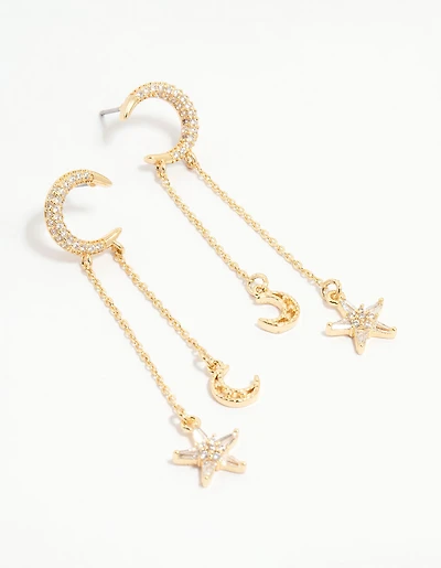 Gold Plated Moon & Star Drop Earrings