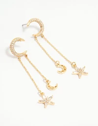 Gold Plated Moon & Star Drop Earrings