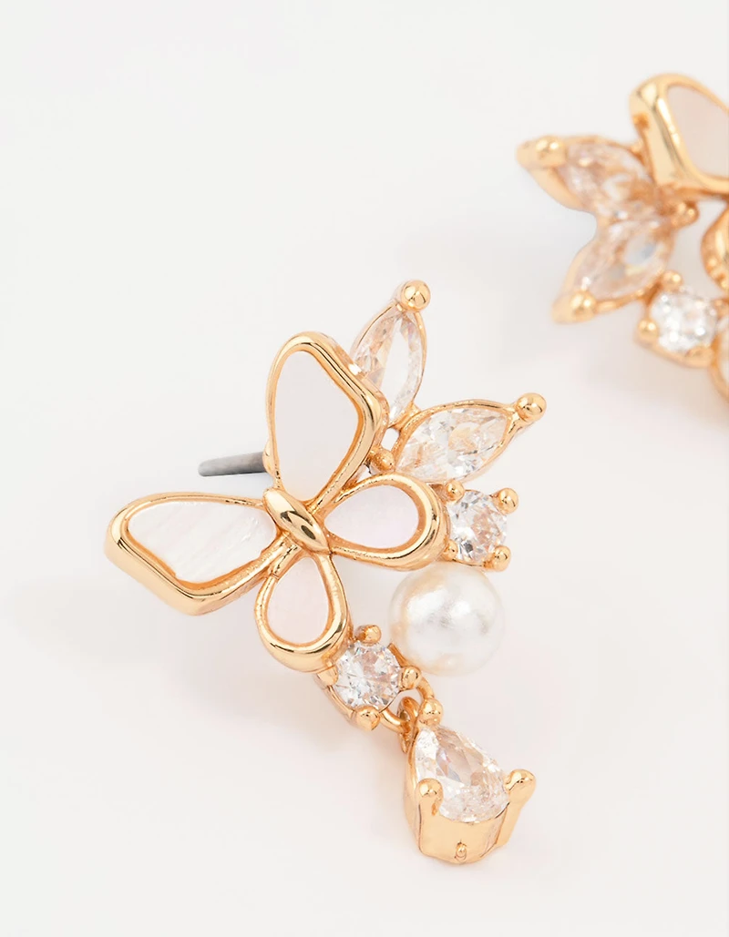 Gold Plated Pearl Butterfly Mini Drop Earrings