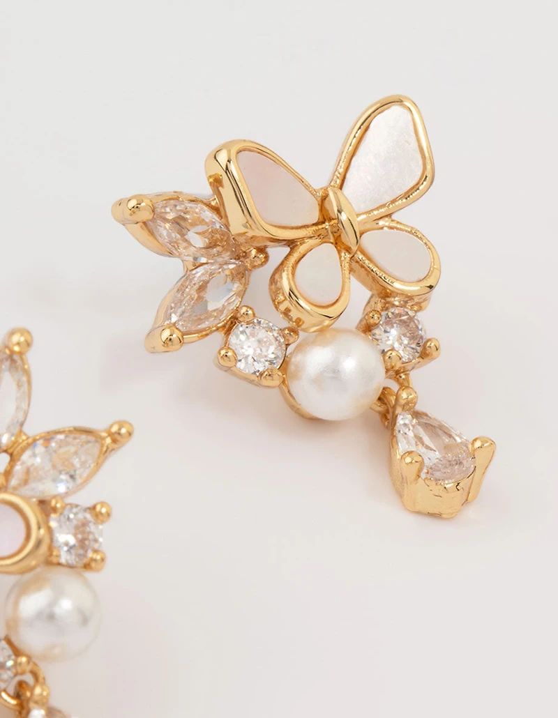 Gold Plated Pearl Butterfly Mini Drop Earrings