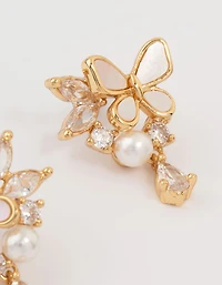 Gold Plated Pearl Butterfly Mini Drop Earrings