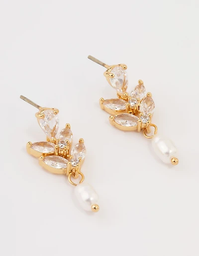 Gold Plated Cubic Zirconia Vine & Freshwater Pearl Drop Earrings