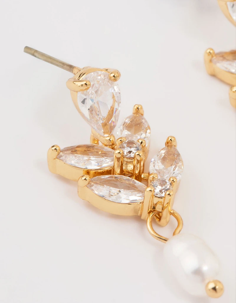 Gold Plated Cubic Zirconia Vine & Freshwater Pearl Drop Earrings