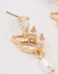 Gold Plated Cubic Zirconia Vine & Freshwater Pearl Drop Earrings