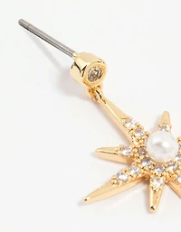 Gold Plated Diamante Pearl Star Drop Earrings
