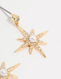 Gold Plated Diamante Pearl Star Drop Earrings