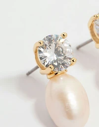 Gold Plated Diamante Freshwater Pearl Drop Earrings