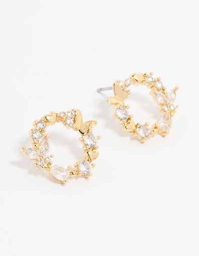 Gold Plated Cubic Zirconia Butterfly Wreath Stud Earrings