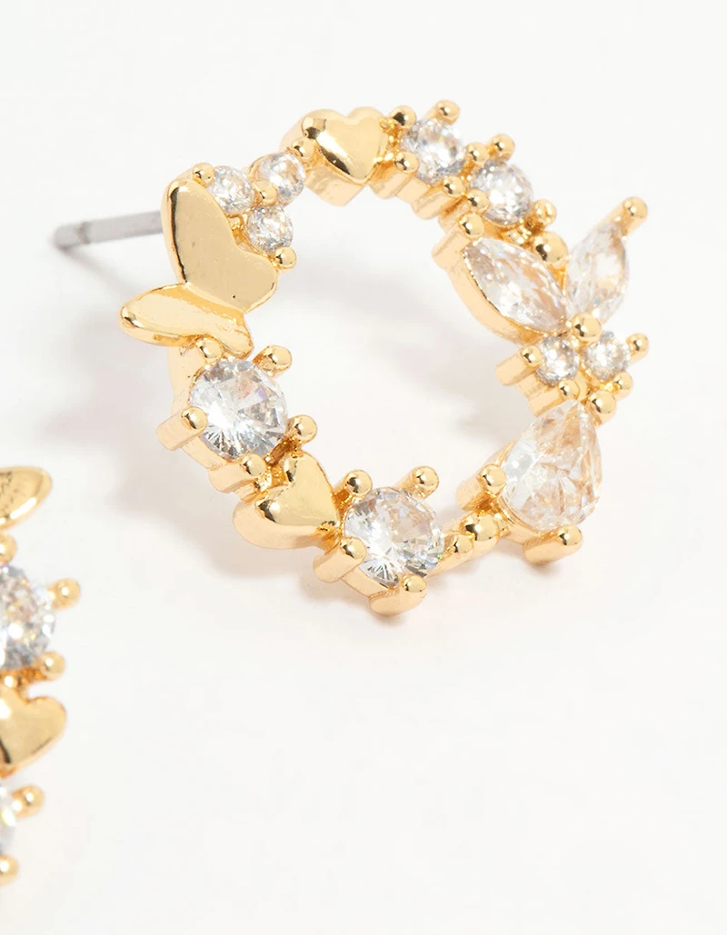 Gold Plated Cubic Zirconia Butterfly Wreath Stud Earrings