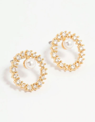Gold Plated Cubic Zirconia Pearl Wreath Stud Earrings