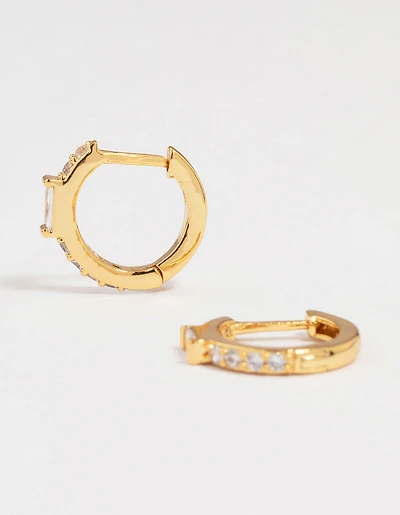 Gold Plated Diamante Mini Baguette Pave Huggie Earrings