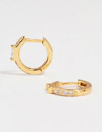 Gold Plated Diamante Mini Baguette Pave Huggie Earrings