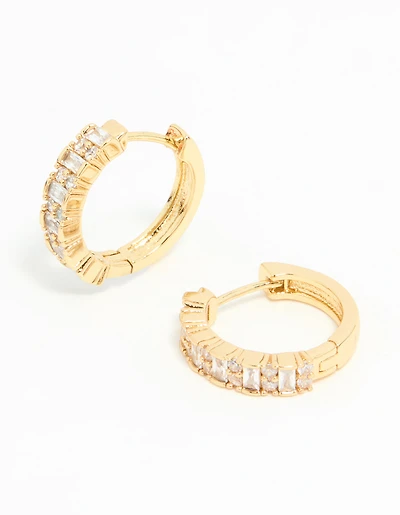 Gold Plated Diamante Baguette Pave Hoop Earrings