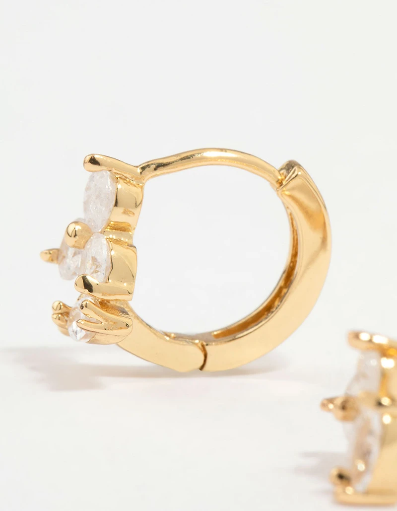 Gold Plated Cubic Zirconia Flower & Leaf Huggie Earrings