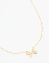 Gold Plated Diamante Pave Chunky Bow Necklace