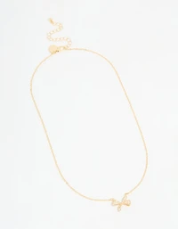 Gold Plated Diamante Pave Chunky Bow Necklace