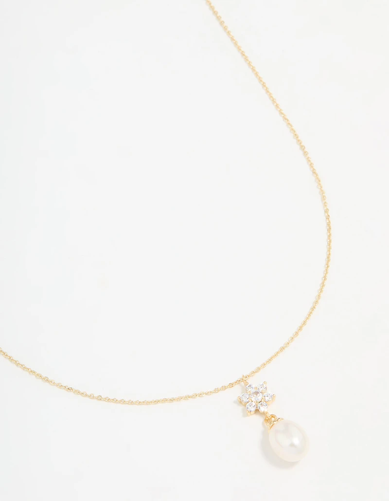 Gold Plated Cubic Zirconia & Pearl Flower Necklace