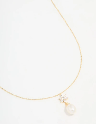 Gold Plated Cubic Zirconia & Pearl Flower Necklace