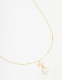 Gold Plated Cubic Zirconia & Pearl Flower Necklace