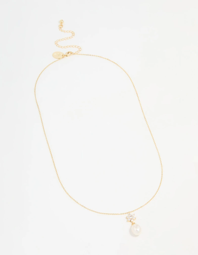 Gold Plated Cubic Zirconia & Pearl Flower Necklace