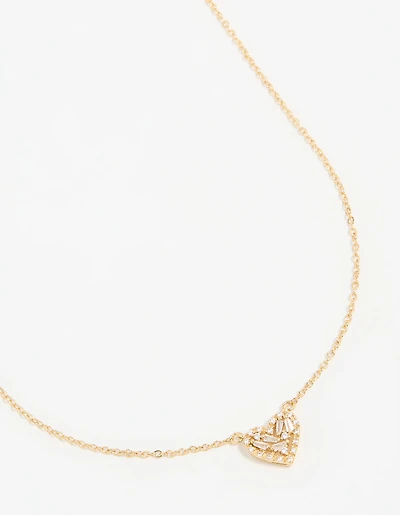 Gold Plated Cubic Zirconia Baguette Heart Pendant Necklace