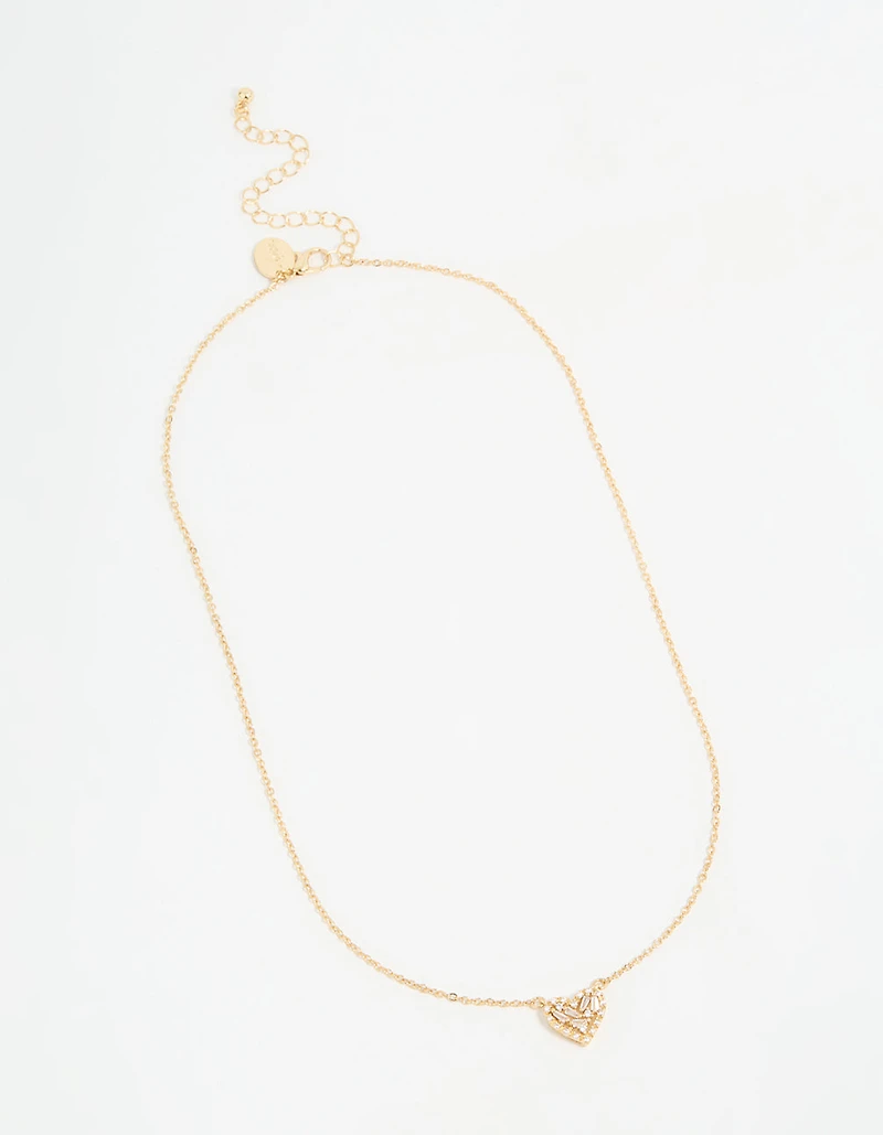 Gold Plated Cubic Zirconia Baguette Heart Pendant Necklace
