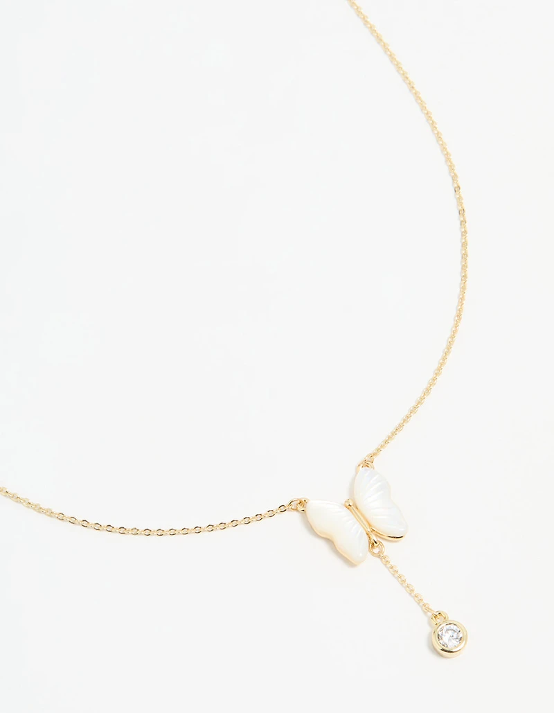Gold Plated Mother Of Pearl & Cubic Zirconia Butterfly Y-Necklace