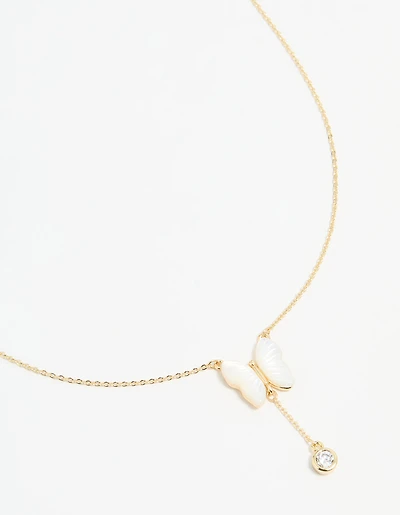 Gold Plated Mother Of Pearl & Cubic Zirconia Butterfly Y-Necklace