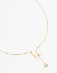 Gold Plated Mother Of Pearl & Cubic Zirconia Butterfly Y-Necklace