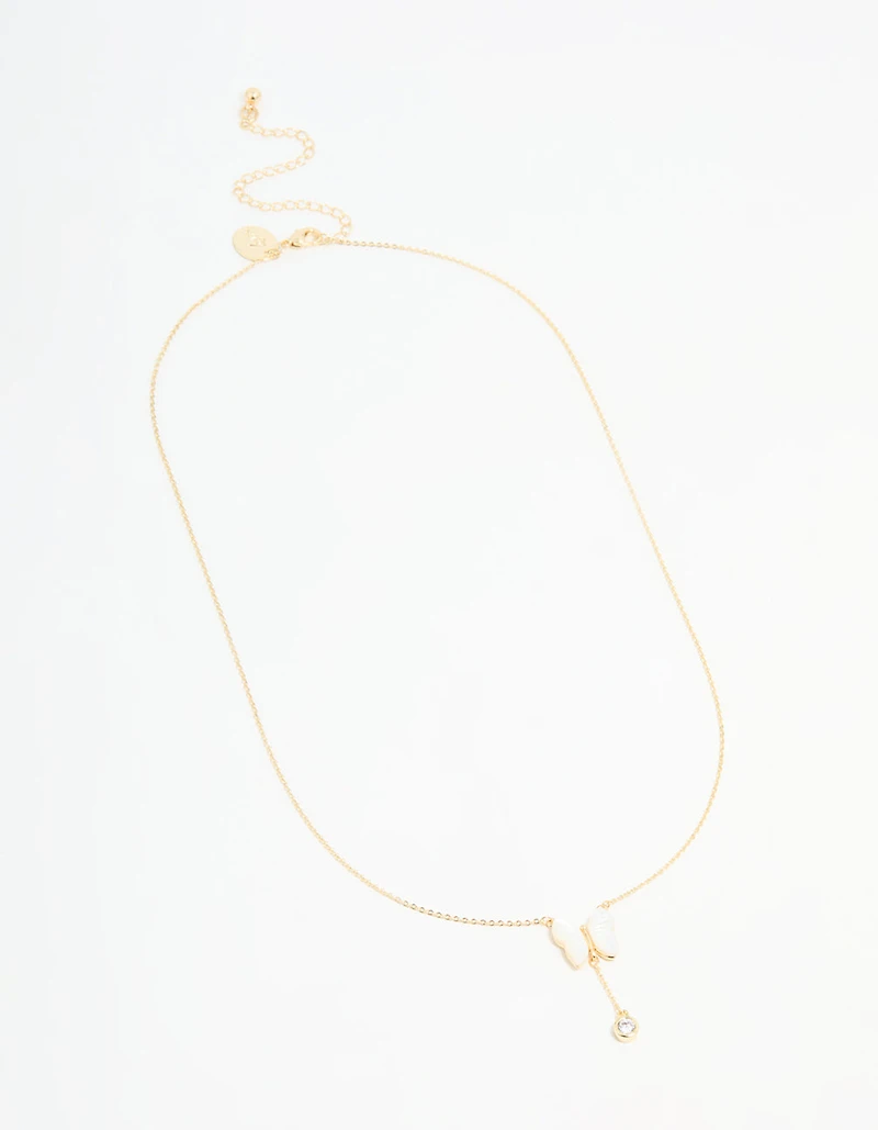 Gold Plated Mother Of Pearl & Cubic Zirconia Butterfly Y-Necklace
