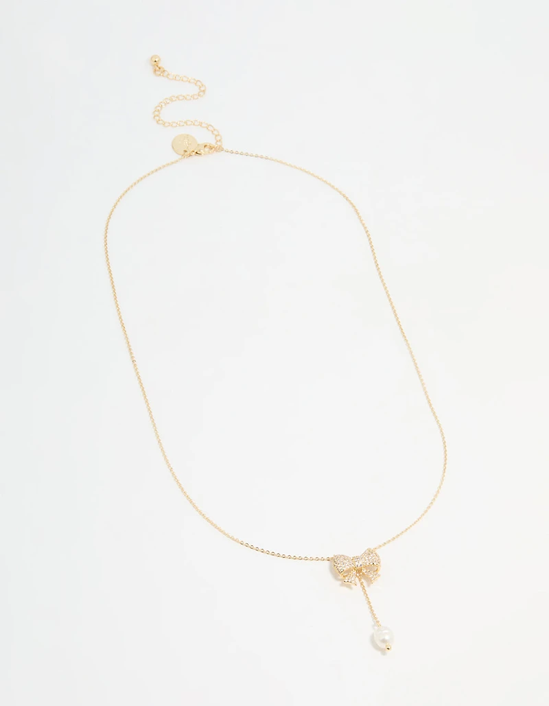 Gold Plated Pearl & Cubic Zirconia Chunky Bow Y-Necklace