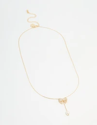 Gold Plated Pearl & Cubic Zirconia Chunky Bow Y-Necklace