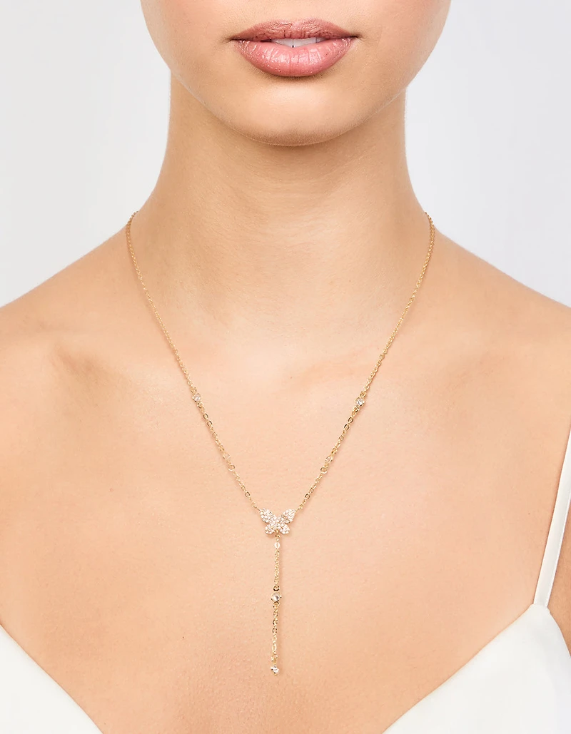 Gold Plated Cubic Zirconia Butterfly Y-Necklace