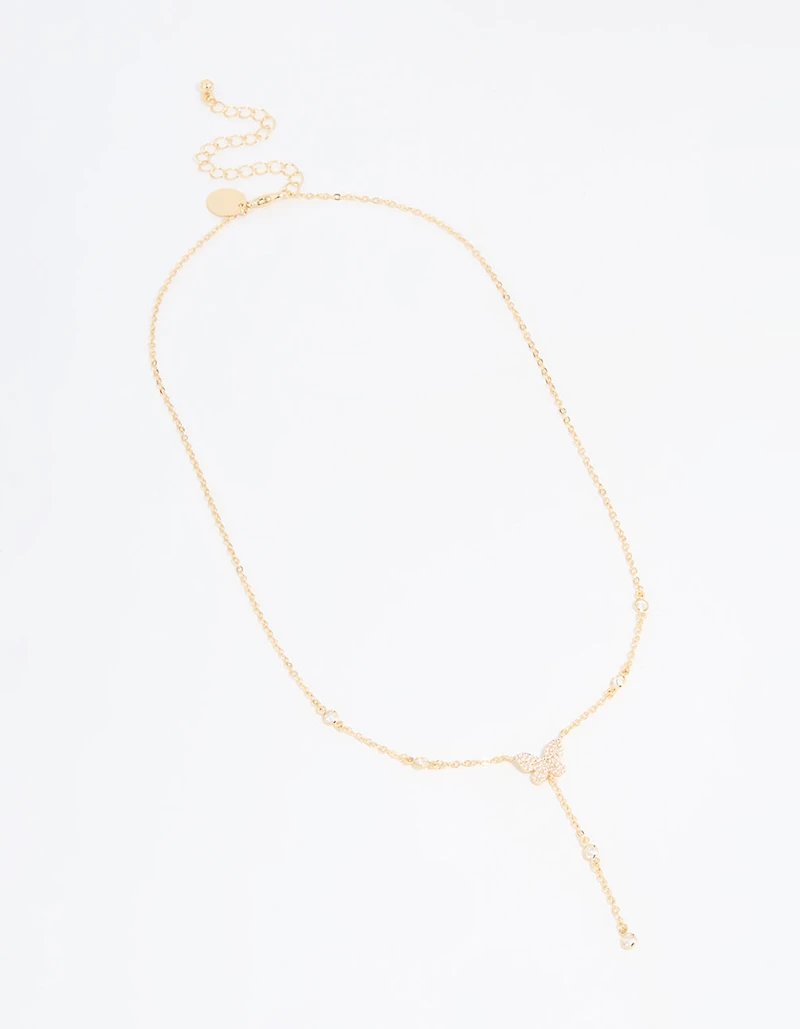 Gold Plated Cubic Zirconia Butterfly Y-Necklace