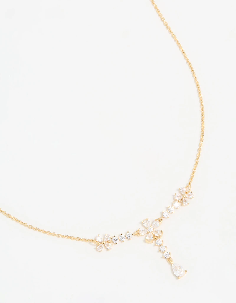 Gold Plated Pearl Flower Trio Y-Necklace