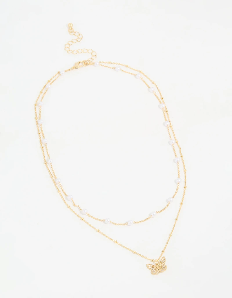 Gold Plated Pearl Butterfly Layered Necklace